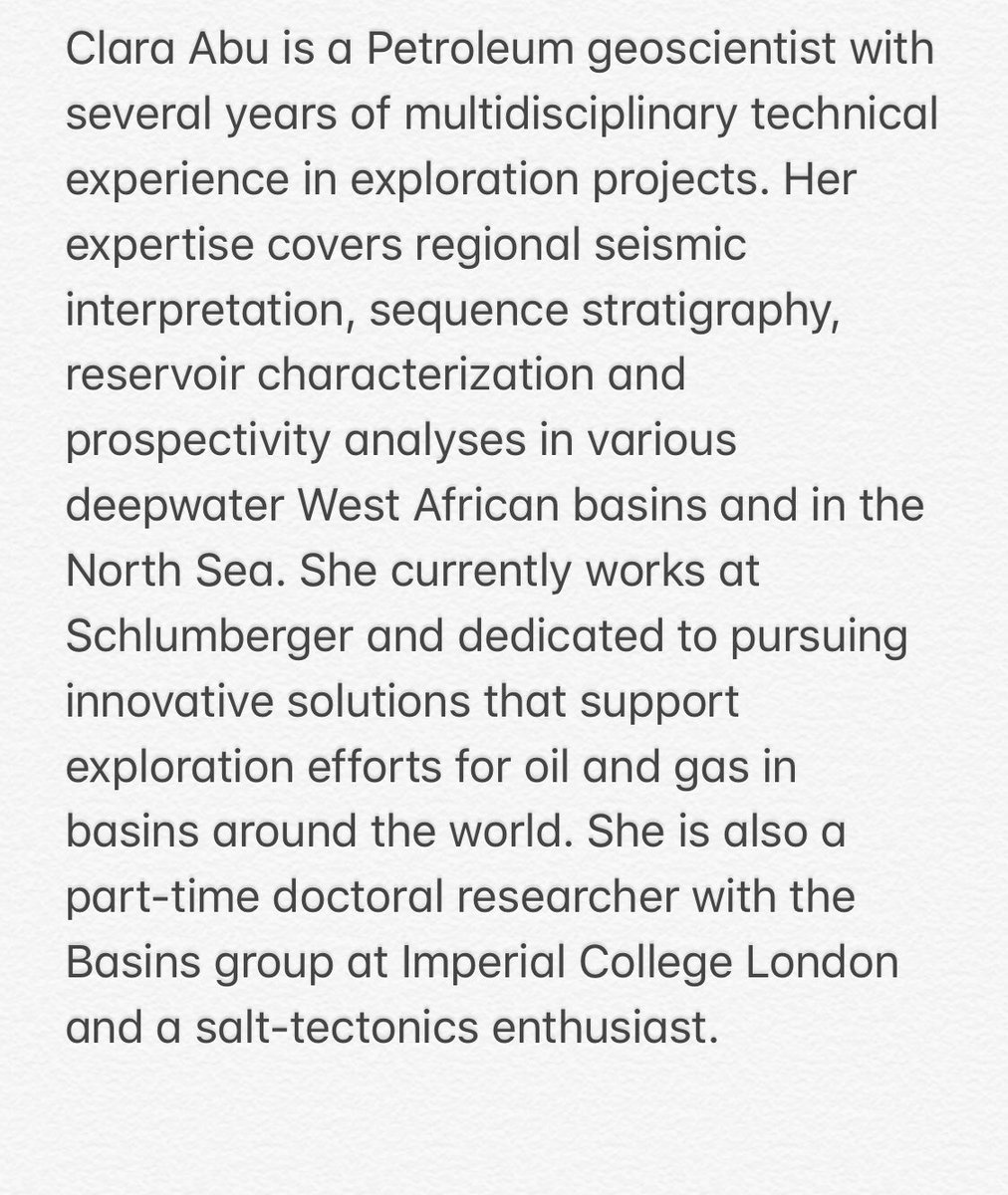 AWG_org's tweet photo. Day 2 of #BlackInGeoscience, Geosphere. Meet Clara Abu. Clara Abu is a Petroleum geoscientist with several years of multidisciplinary technical experience in exploration projects. See photo for her full research summary. @BlkinGeoscience @clararocks3 #womeningeoscience https://t.co/sT4qzexepc