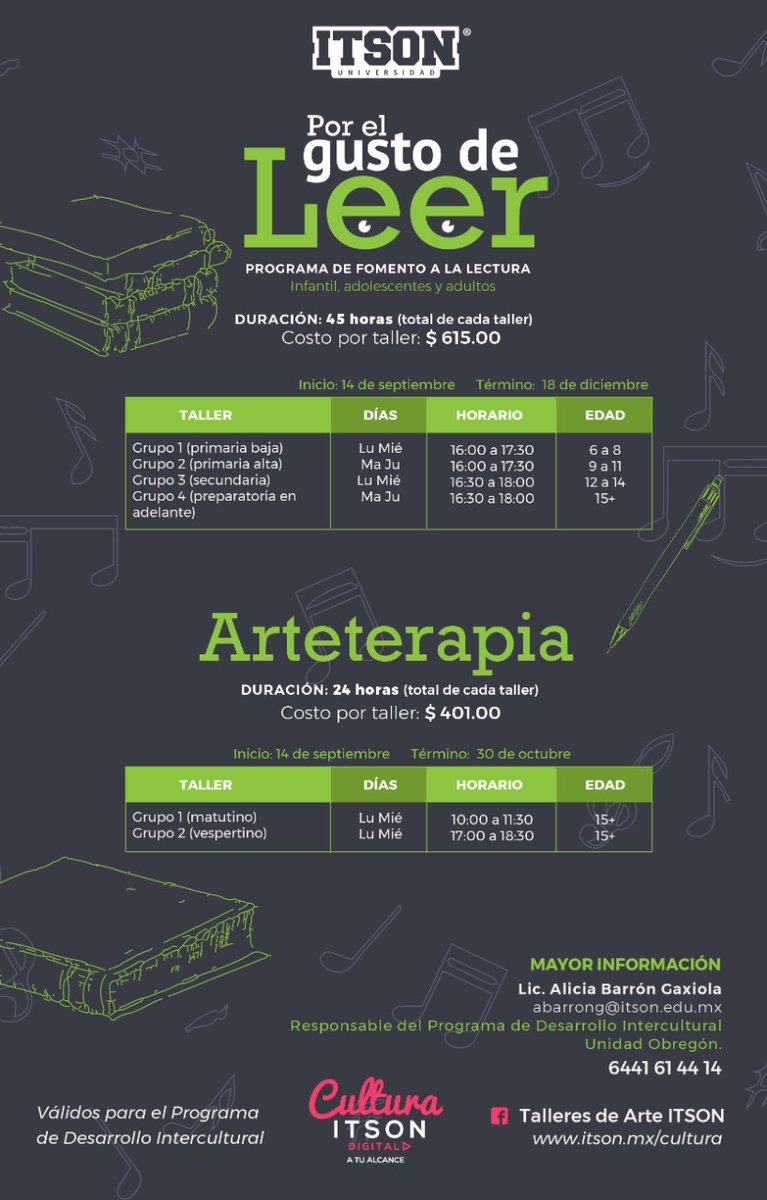 Seguimos en Inscripciones: Talleres en línea de Cultura ITSON
INICIO DE CURSOS 14 DE SEPTIEMBRE
Descarga la Oferta completa:
bit.ly/CursosyTallere…
Inscripciones:
bit.ly/Solicitud_EN_L…
Atención telefónica y de WhatApp de 8am a 4pm a los celulares:
6444 61 87 65 y 6442 03 83 91