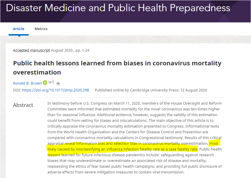 New article in journal published by Cambridge Univ Press says that testimony to House Oversight Committee in March 2020 mixed up case fatality rate (CFR) and infection fatality rate (IFR) for influenza, resulting in major error. (I report this w/o parsing) https://www.cambridge.org/core/services/aop-cambridge-core/content/view/7ACD87D8FD2237285EB667BB28DCC6E9/S1935789320002980a.pdf/public_health_lessons_learned_from_biases_in_coronavirus_mortality_overestimation.pdf