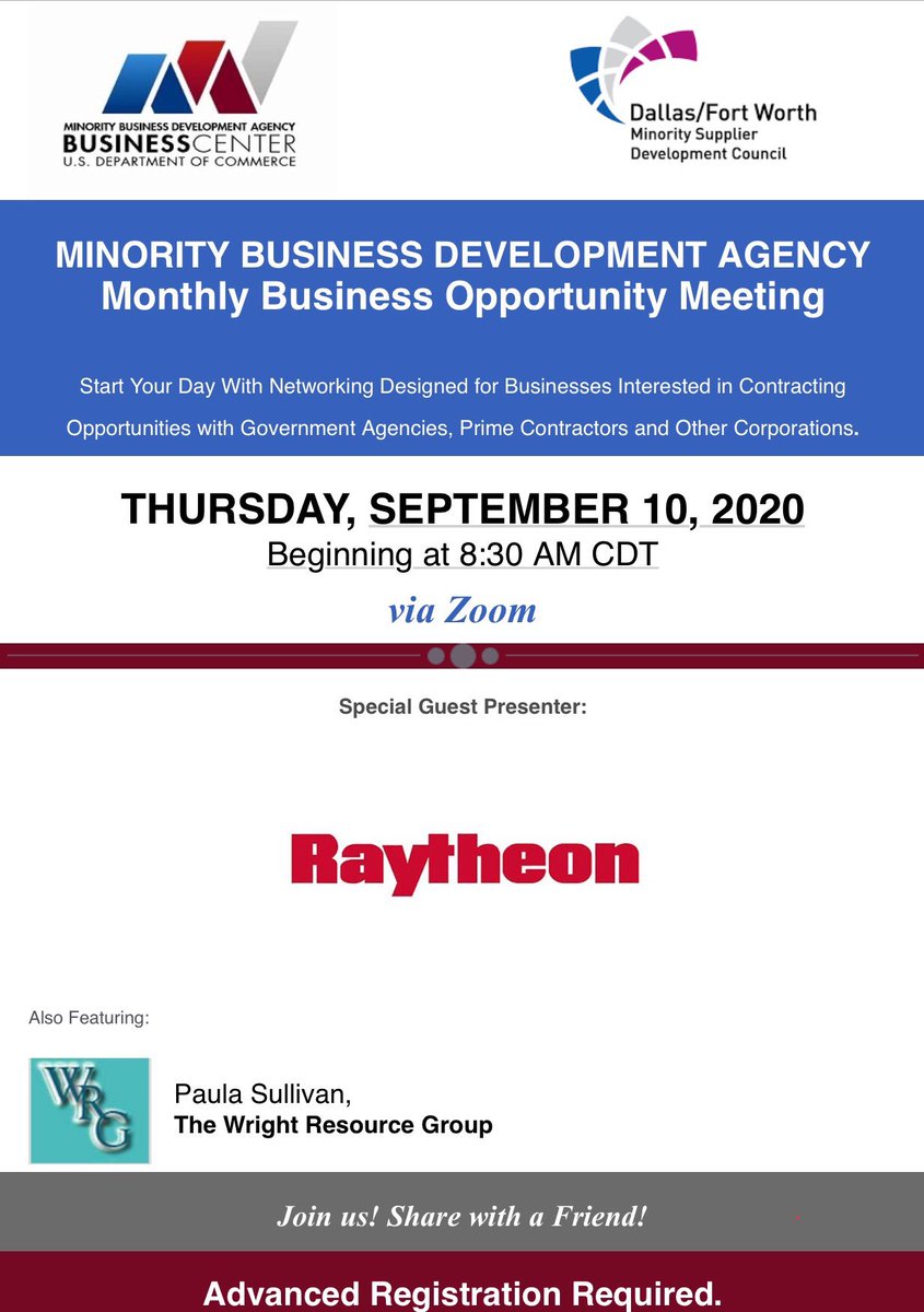 MbdaDallas's tweet photo. There is still time to register to join us this Thursday. Come learn about doing business with @RaytheonTech and other resources available to your business. 

Register Here ➡️ https://t.co/lcg77PTvZv…

#MBDAdallas #WeAreDFWMSDC #AccesstoMarket #AccesstoContracts #DFW #Virtual https://t.co/aNRsJo4GeQ