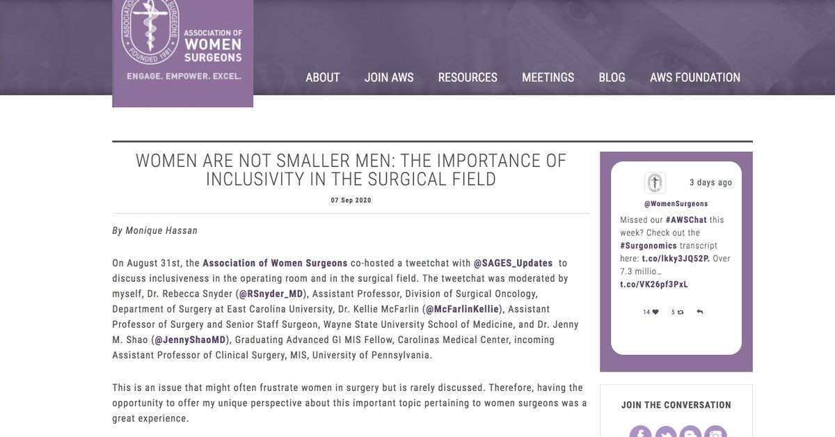 WomenSurgeons (@womensurgeons) on Twitter photo Don't forget to check out our latest AWS blog post "Women are not Smaller Men: The Importance of Inclusivity in the Surgical Field" by the amazing <a href="/drmoniquehassan/">Monique Hassan, MD, MBA, FACS, FASMBS, DABOM</a>! #Surgonomics <a href="/SAGES_Updates/">SAGES is in Tampa in 2026!</a> #AWSchat
blog.womensurgeons.org/awschat/inclus… Don't forget to check out our latest AWS blog post "Women are not Smaller Men: The Importance of Inclusivity in the Surgical Field" by the amazing <a href="/drmoniquehassan/">Monique Hassan, MD, MBA, FACS, FASMBS, DABOM</a>! #Surgonomics <a href="/SAGES_Updates/">SAGES is in Tampa in 2026!</a> #AWSchat
blog.womensurgeons.org/awschat/inclus…