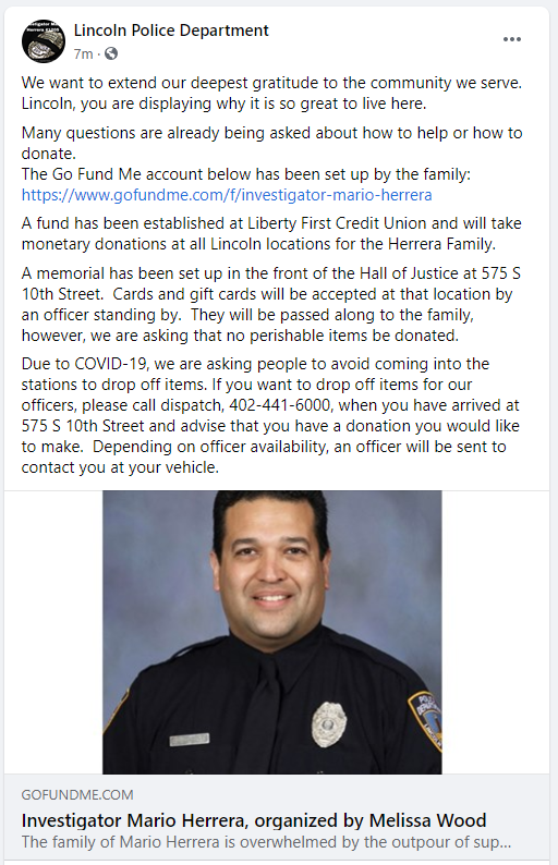 Please see our Facebook post with information on where to direction donations: facebook.com/lincolnpoliced…