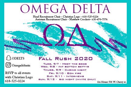 OmegaDeltaSIU's tweet photo. We’re excited to see y’all this week for #rush week!!! Come spend some time with the O’Delts! #siu #omegadelta #rushweek https://t.co/FbOgUaeIa6