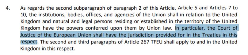 (22. Why would the ECJ get involved? Because the ECJ retains jurisdiction over interpretation and application of EU law that is being applied for the purposes of implementing the NI Protocol. Art 12(4), NIP.)