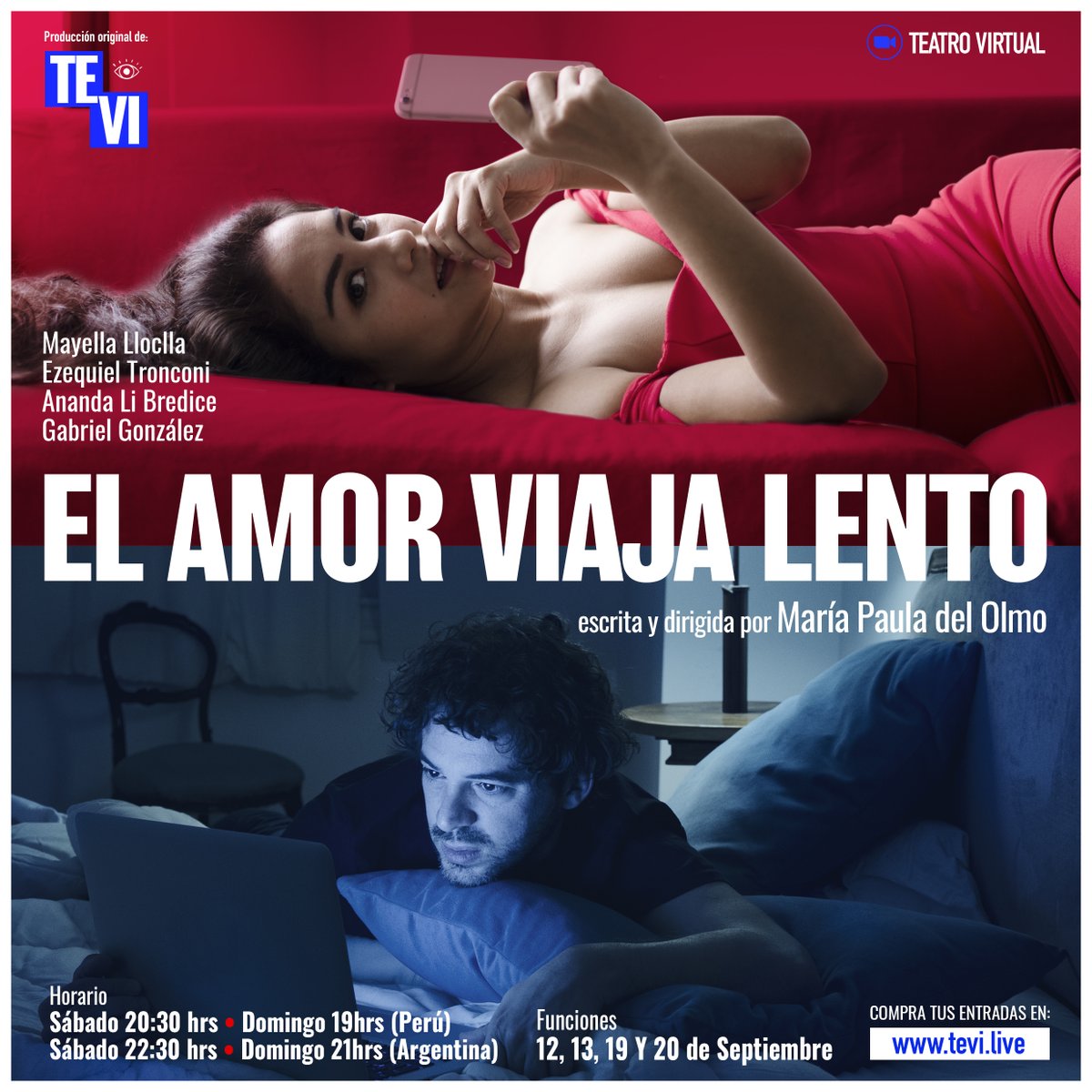 [#TEVIEstreno] Este 12/09 a las 20hrs. (Perú), estrenamos #ElAmorViajaLento, escrita y dirigida por María Paula del Olmo 🇦🇷 con la actuación de <a href="/MayellaLloclla/">Mayella Lloclla</a> 🇵🇪 <a href="/EzeTronconi/">Ezequiel Tronconi</a> 🇦🇷 Ananda Li Bredice 🇦🇷 y Gabriel Gonzales 🇵🇪. Aprovecha la preventa en tevi.live