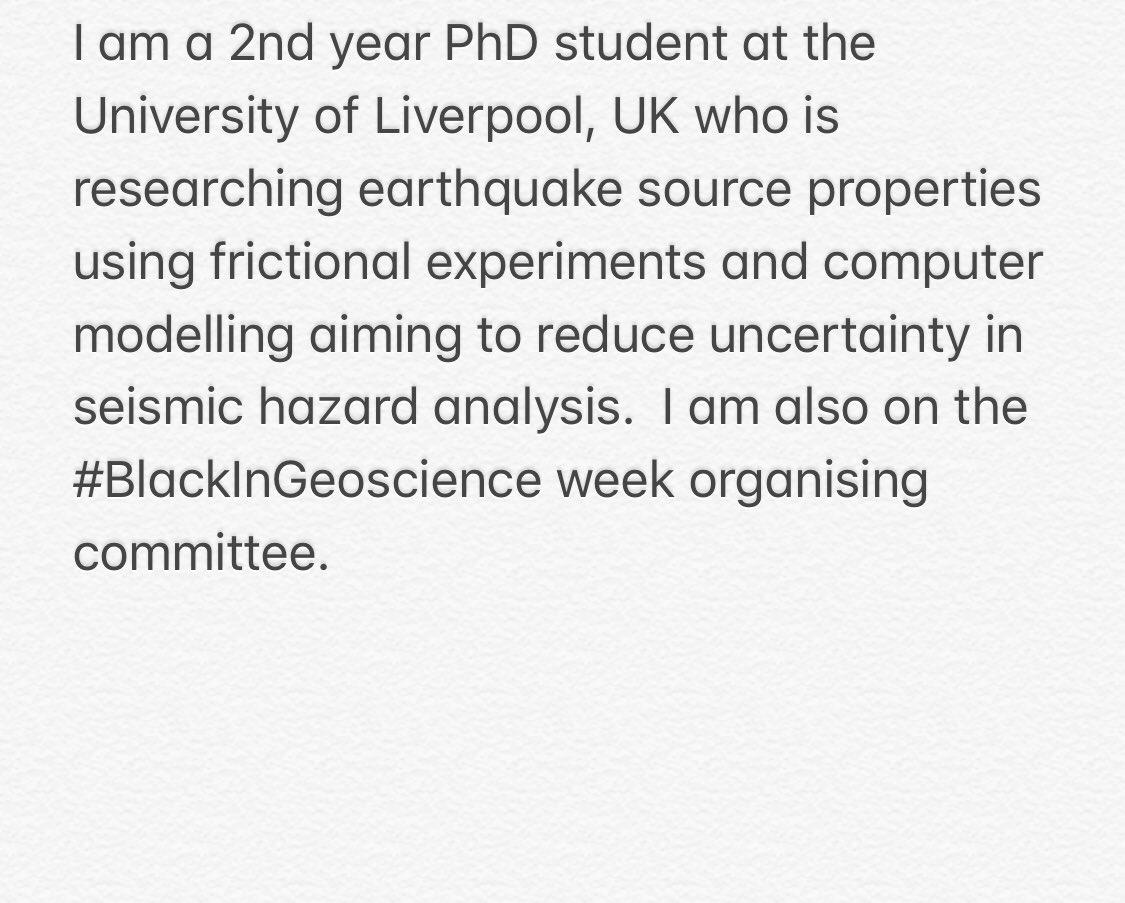 AWG_org's tweet photo. Day 2 of #BlackInGeoscience, Geosphere. Meet Louisa Brotherson. Louisa is researching earthquake source properties, also on the #BlackInGeoscience organising committee. See the photo for her full research summary 
@BlkinGeoscience @louisa_geo #womeningeoscience https://t.co/nX5xW7VE1Y