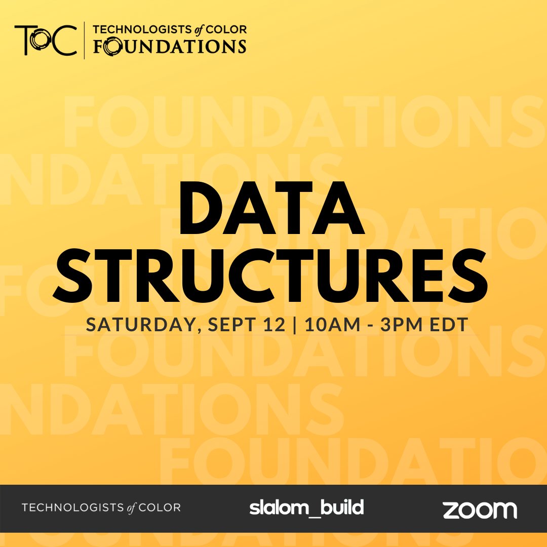 Review arrays, linked lists, stacks, queues, hash-sets, hash-maps, hash-tables, dictionary, trees, binary trees, heaps, and graphs at our next Foundations session on Saturday, September 12th. Register now: buff.ly/2YM500r