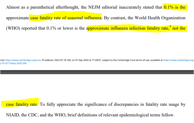 3/ Brown observed that New England Journal article, just prior to House testimony, had (incorrectly) said that CFR for seasonal influenza was 0.1% whereas 0.1% is actually the value for IFR (WHO).