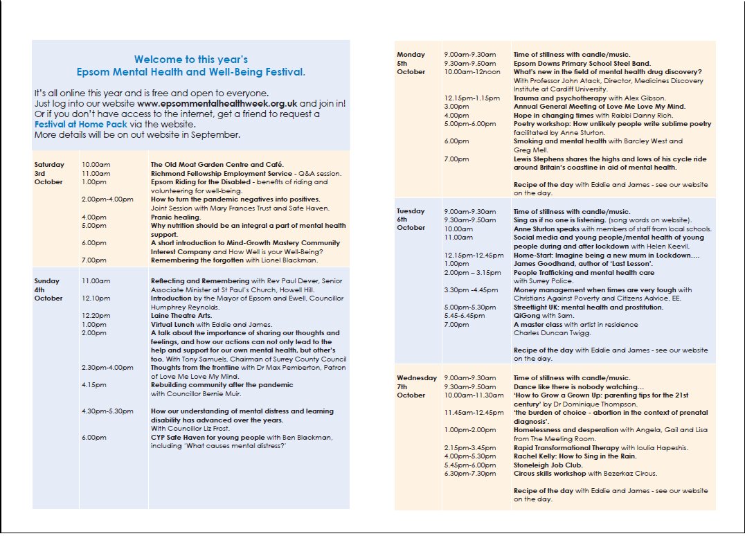LMLMMEpsom's tweet photo. Our timetable for Epsom Mental Health Week 2020 is now live!  For full details on our virtual events, please follow the link to our website https://t.co/KjBjeScRHq https://t.co/fCAAnU6jD4
