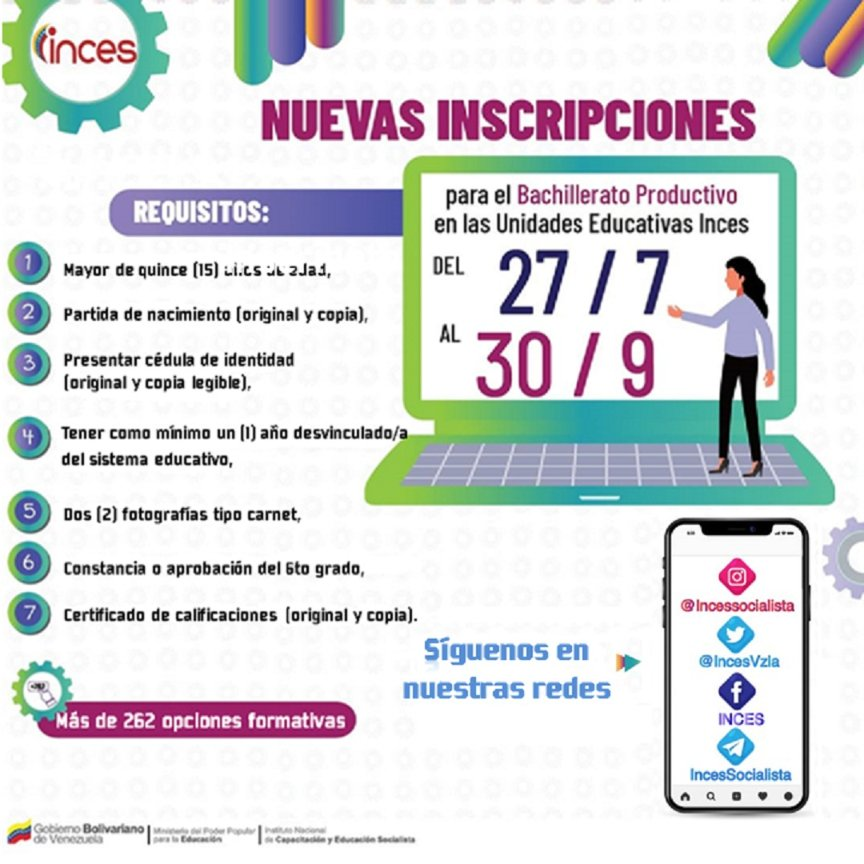 🗣️ ¡𝐓𝐨𝐦𝐚 𝐍𝐨𝐭𝐚!✍️🇻🇪
Programa Bachillerato Productivo, creado para finalizar tu bachillerato con un perfil productivo. Tienes hasta el #30Sep para inscribirte. 
#FlexibilizaciónAmpliaYGeneral
