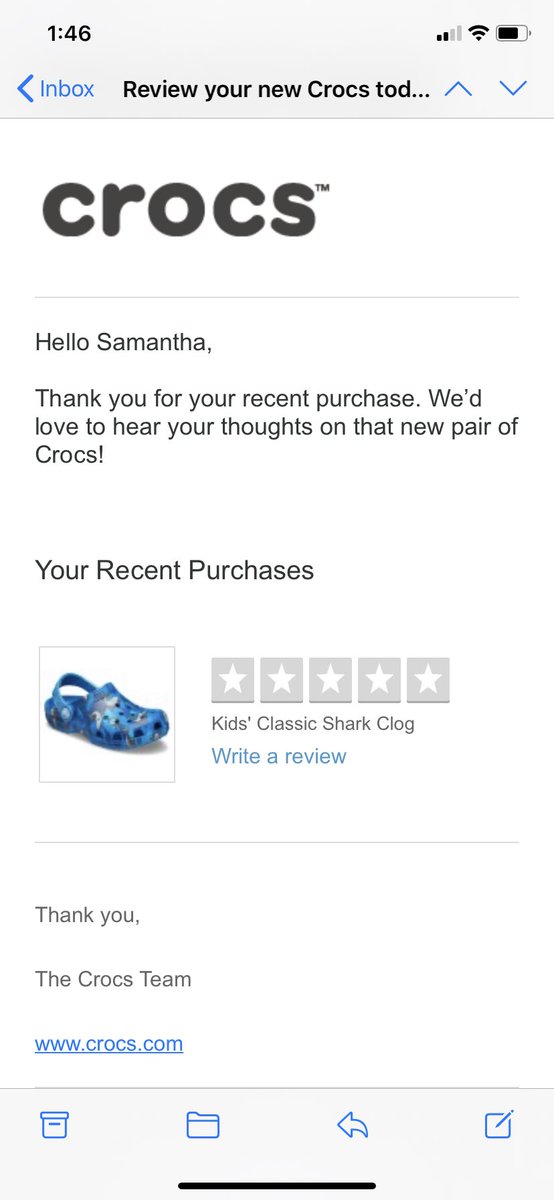 I find this hilarious <a href="/Crocs/">Crocs</a> 
My order was cancelled yet you still send me an email asking for a review?! <a href="/Crocs/">Crocs</a>