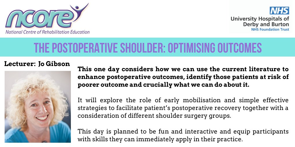 #Physios don't miss <a href="/ShoulderGeek1/">Jo Gibson</a> in Derby at London Road Community Hospital on 16th January with her #Postoperative #Shoulder course!

This course fills up fast so make sure you book early!

To find out more follow the link below
ncore.org.uk/Website_Event_…

#CPD #Training