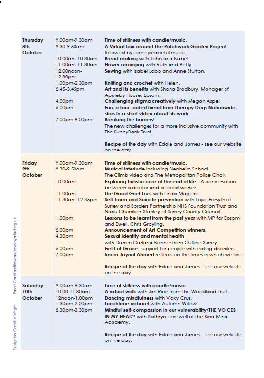 LMLMMEpsom's tweet photo. Our timetable for Epsom Mental Health Week 2020 is now live!  For full details on our virtual events, please follow the link to our website https://t.co/KjBjeScRHq https://t.co/fCAAnU6jD4
