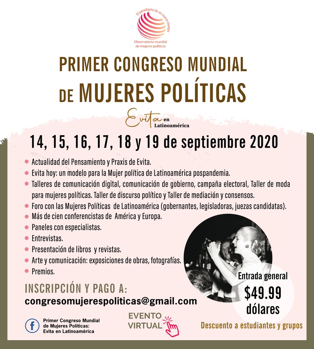 CongresoMujerP's tweet photo. ¡Ya puedes inscribirte al PRIMER #CONGRESO #Mundial de #Mujeres Políticas! Registra tus datos en el siguiente formulario. El costo por persona es de $49.99 dólares (solicita descuento especial a congresomujerespoliticas@gmail.com) https://t.co/yqjtyy4o4X https://t.co/PfihGyczPl