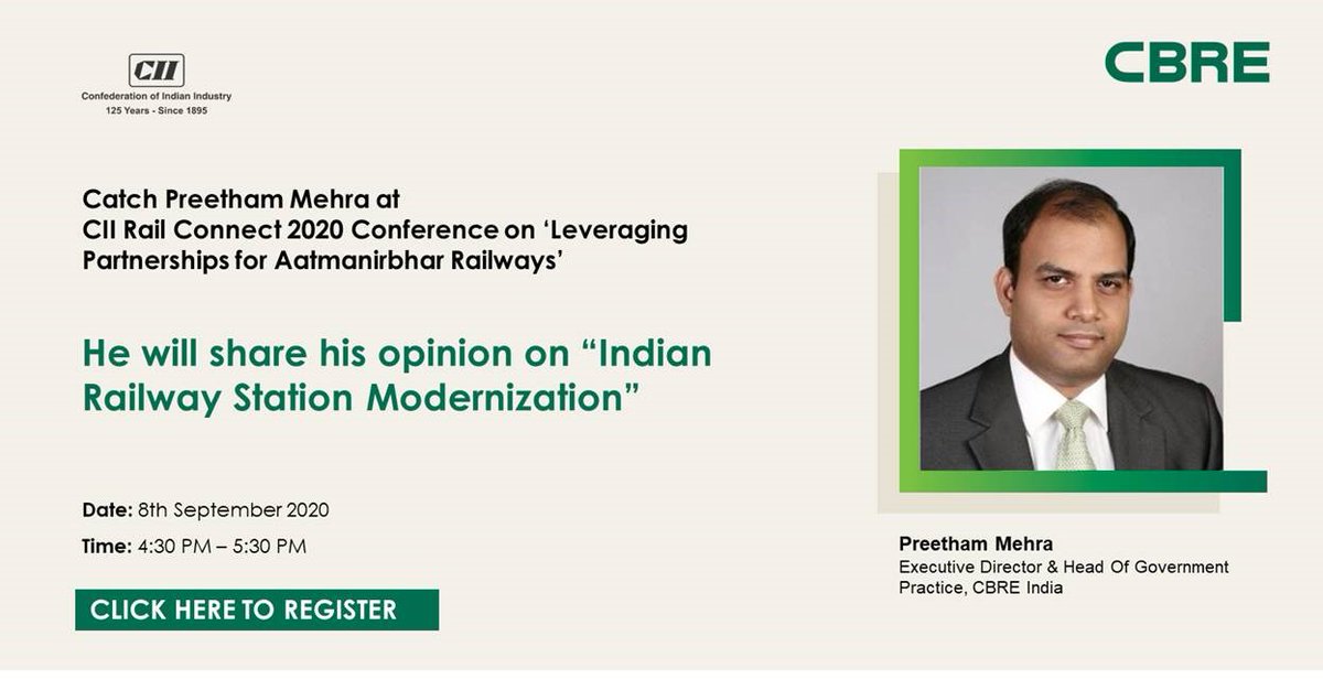 CBRE_India's tweet photo. Catch @preethammehra, live at @FollowCII Rail Connect 2020, delve into "Indian Railway Station Modernisation" at 4.30 PM today
Registration link: https://t.co/KAE720EeGY
@CIIEvents #CBREGovernmentPractice https://t.co/7H158UZBCK