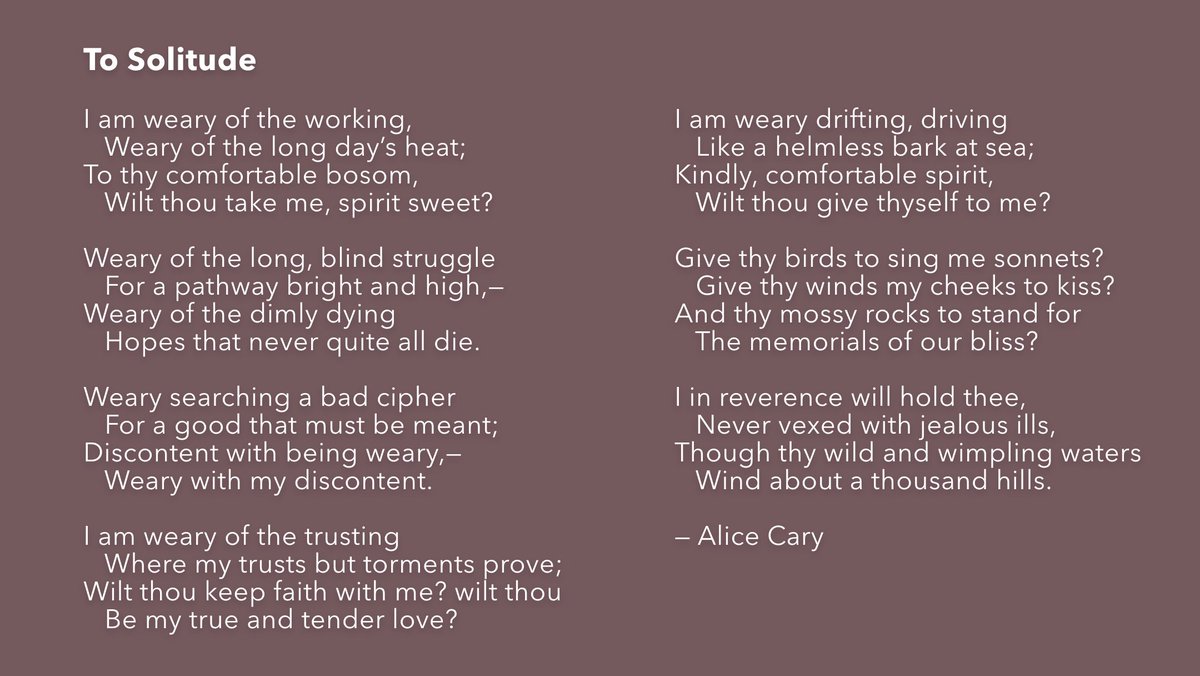 favepoem's tweet photo. "To Solitude" #AliceCary #Restoration #FavoritePoemProject #FPP https://t.co/R8yn5fNFuP