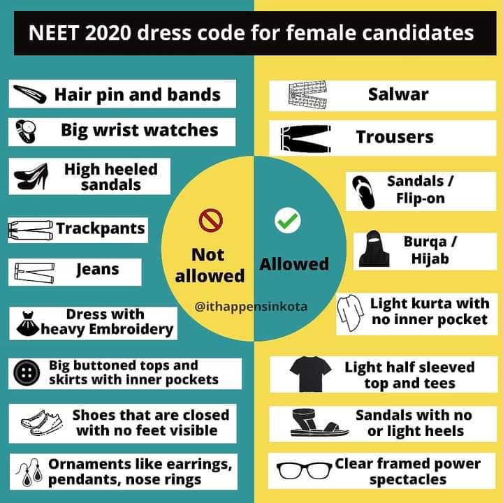 student0P's tweet photo. Dress Code for NEET 2020
Best of Luck Guys👍

By:- @ithappensinkota

#ParentsDemandPostponeNEET https://t.co/9OSHVYoOPp