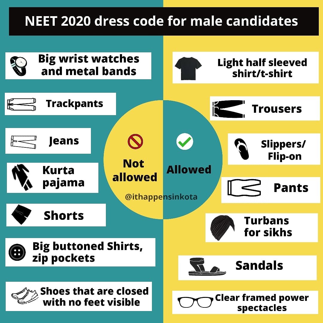 student0P's tweet photo. Dress Code for NEET 2020
Best of Luck Guys👍

By:- @ithappensinkota

#ParentsDemandPostponeNEET https://t.co/9OSHVYoOPp