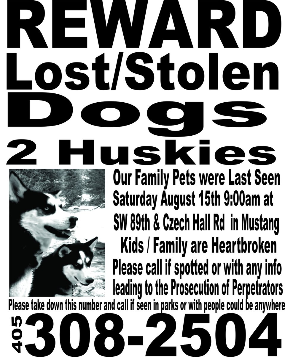 Tzxen's tweet photo. Please Help Our Family is Heartbroken...  Our Pets went missing Sat.August 15Th around 8am near SW 89th &amp; Czech Hall Rd.  We're offering a reward so if seen or ANY INFO Please Please Call Asap 
405-308-2504

Thank You https://t.co/8FI27PknsB