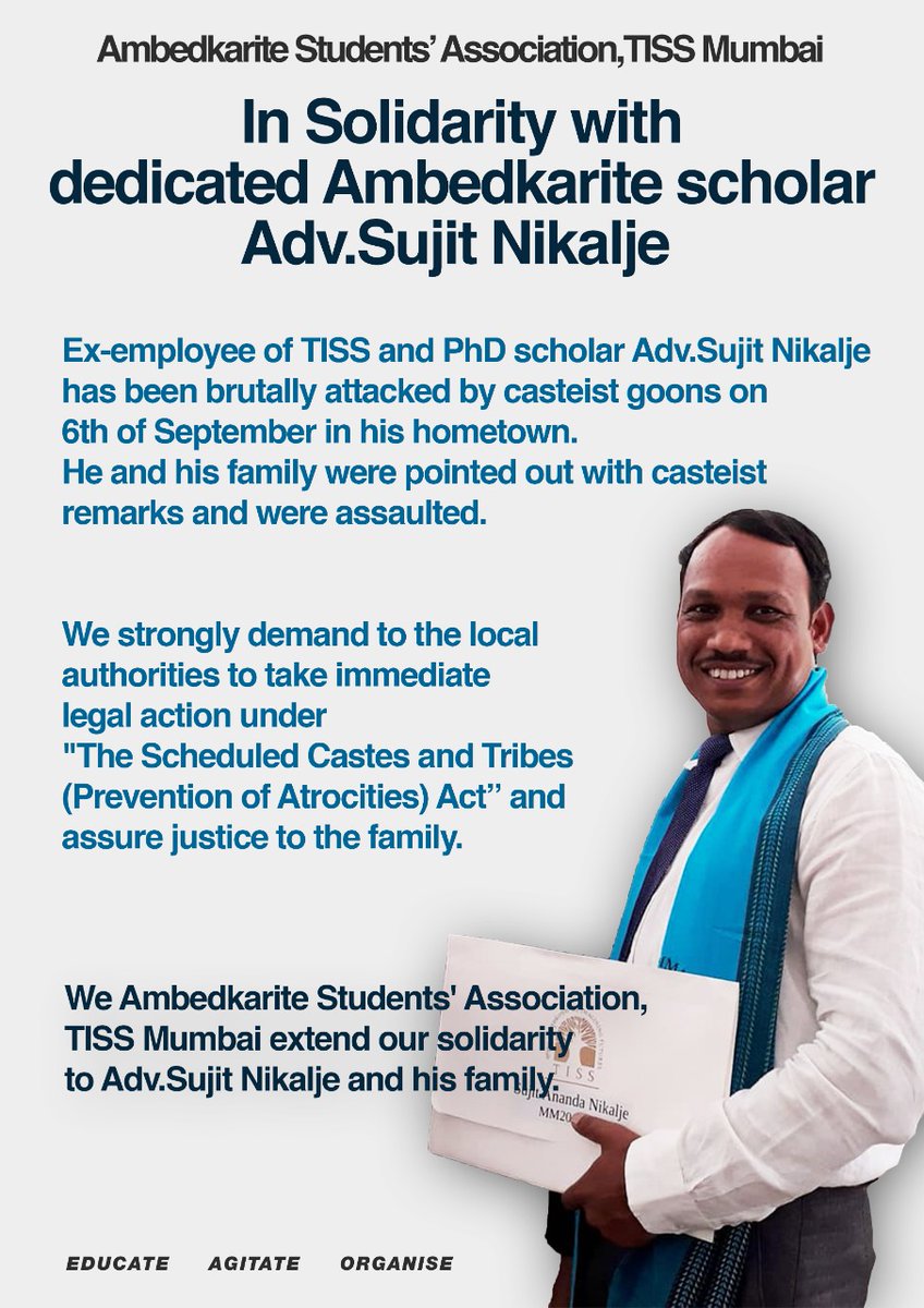asa_tiss's tweet photo. We Ambedkarite Students' Association, TISS Mumbai extend our solidarity to dedicated Ambedkarite scholar Adv.Sujit Nikalje and his family.
#DalitLivesMatter
#EducateAgitateOrganise
#ASATISS https://t.co/tRV5lUzekR