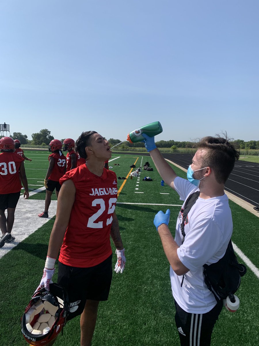 HornJATS's tweet photo. “Official” first day back at FB 🏈 & it looked a little different but it was a great day. The credit goes to all my students who adapted to the changes and made sure to keep our players safe and hydrated! I’ve got the best student staff in the state! @HornJagsRecruit #FBisBack https://t.co/xQ5f5bJhcM