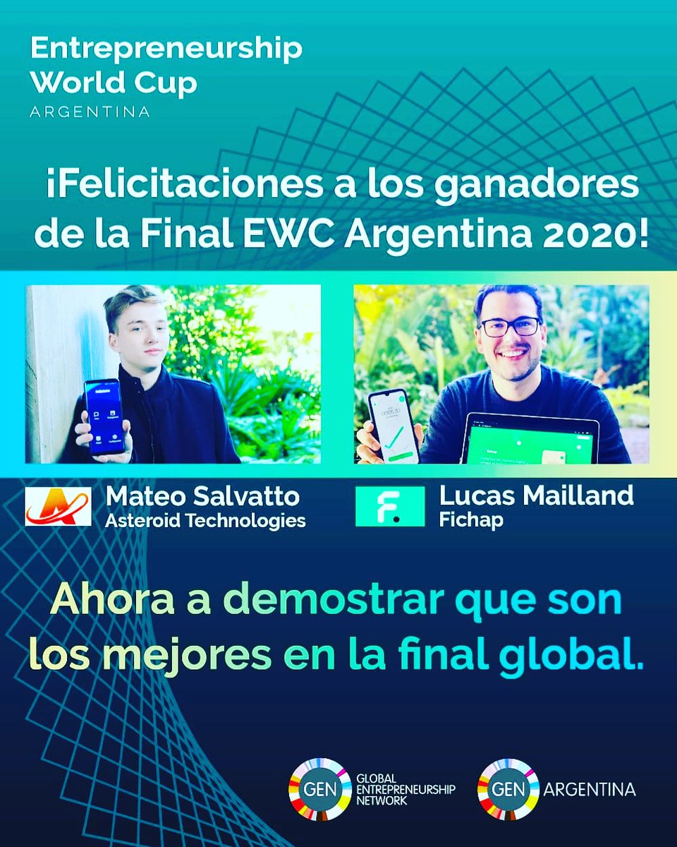 ATENCIÓN ‼‼
💫💫Argentina ya tiene sus representantes para la copa mundial 💫💫
Felicitaciones a <a href="/Mateons/">Mateo Salvatto 🇦🇷</a> y a #lucasMailland
Les deseamos todos los éxitos en la gran Final💥
<a href="/Lawsonlat/">Jorge Lawson</a> <a href="/unleashingideas/">Global Entrepreneurship Network</a> #EWC2020