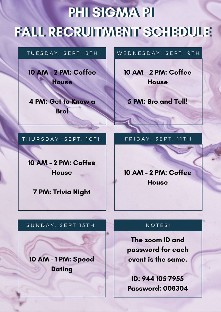 phisigmapiae's tweet photo. Hey what’s up you guys! Here is the fall recruitment schedule and it’s starting this week Yayy 🙌 Feel free to come to any number of the events! Hope to see you there 😁 https://t.co/79Khu9PGiM