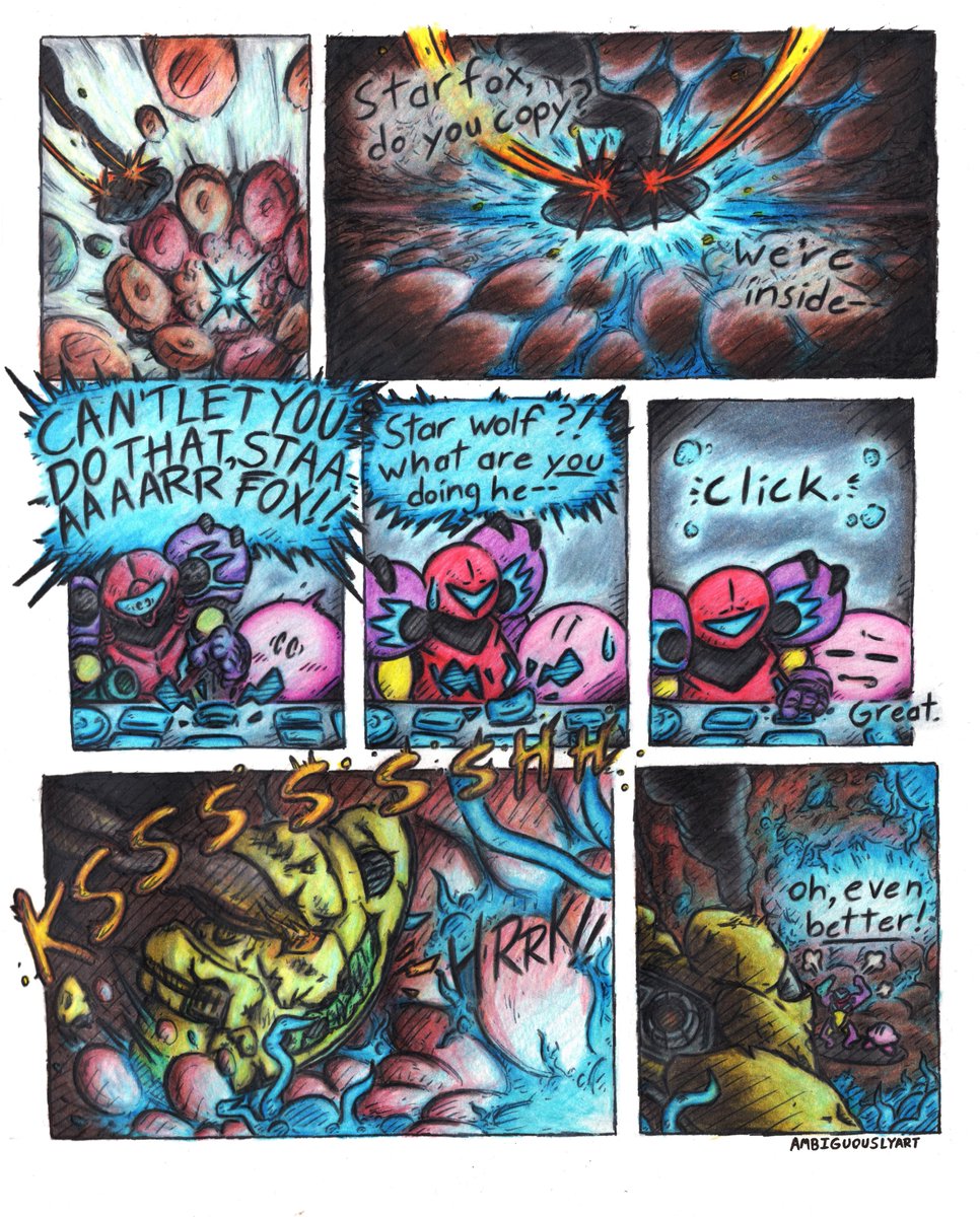 AmbiguouslyArt's tweet photo. Pages 37-38 of my Kirby/Metroid crossover comic~!!

Boss room? Reached. The path back? Blocked. Cue the final boss health bar [👁️] #Zero #MiracleMatter #Kirby #SamusAran #Metroid #SmashBrosUltimate https://t.co/LC774bkXJs
