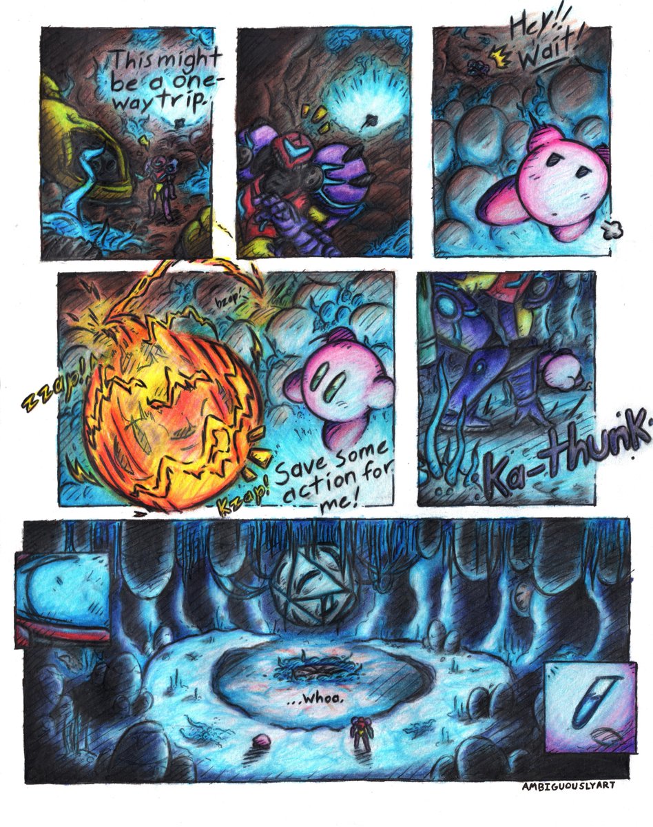 AmbiguouslyArt's tweet photo. Pages 37-38 of my Kirby/Metroid crossover comic~!!

Boss room? Reached. The path back? Blocked. Cue the final boss health bar [👁️] #Zero #MiracleMatter #Kirby #SamusAran #Metroid #SmashBrosUltimate https://t.co/LC774bkXJs