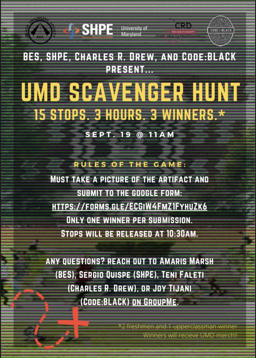 BES_UMCP's tweet photo. Participants will have 3 hours to find as many stops as possible. The first 3 people to reach the most stops will win free UMD merch!!! (No registration required to participate, but you must submit all stops to the google form in the flyer) Stops will be released Sept. 19 @ 11am. https://t.co/171FI8qraL