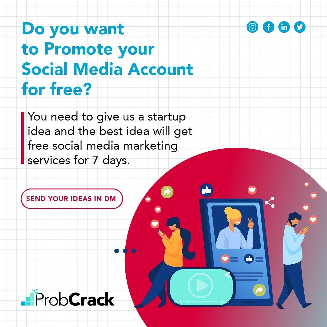 CrackProb's tweet photo. The best idea gets free social media service for a week! DM your ideas now.

#businessideasinindia #socialmediamarketing2020
#socialmarketingagency
#socialmarketing2020
#digitalpresence
#digitalindia🇮🇳
#businessideas2020
#socialmediaaccount
#freesocialmediamarketing
#probcrack https://t.co/BFn7zSBiQP