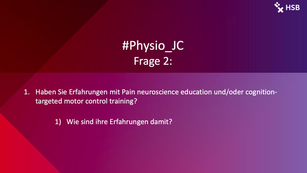 Hallo an alle, die sich noch angeschlossen haben und weiter geht’s mit Frage Nummer 2. Integrieren Sie den #Physio_JC in ihre Antwort um mitzureden. #wissenschaft #Physiotherapie #physiotherapy