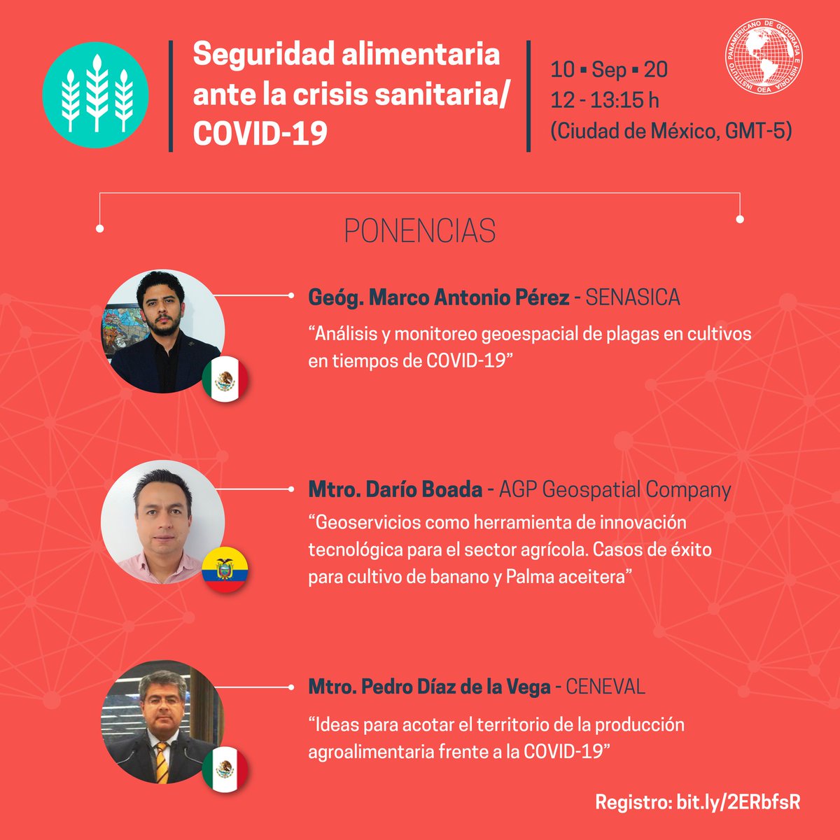 #ConversatorioIPGH | Esta semana tendremos la segunda charla "Seguridad alimentaria ante la crisis sanitaria/COVID-19". 

🗓️ Jueves10 de septiembre
⏰ 12 h, Ciudad de México (GMT-5)

Registro gratuito:
us02web.zoom.us/webinar/regist…

#SeguridadAlimentaria #COVID19