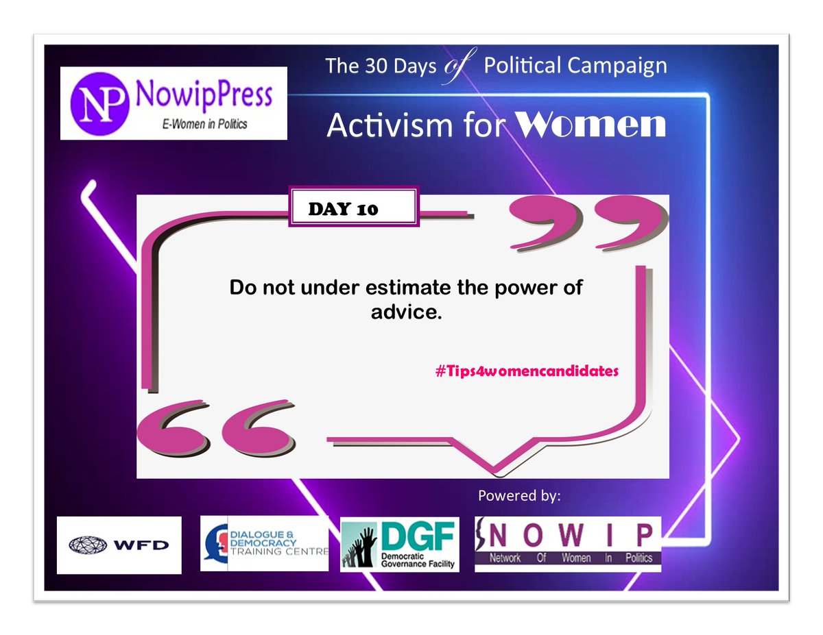 nowipofficial's tweet photo. #Tip28 30 days of political campaign with our partners @WFD_Uganda @dialogue_Ug @DGFUganda17 @UWOPA
What #women in #politics should know!
#Tips4womencandidates
#WomenAndLeadership https://t.co/3PGcqm7Pbr