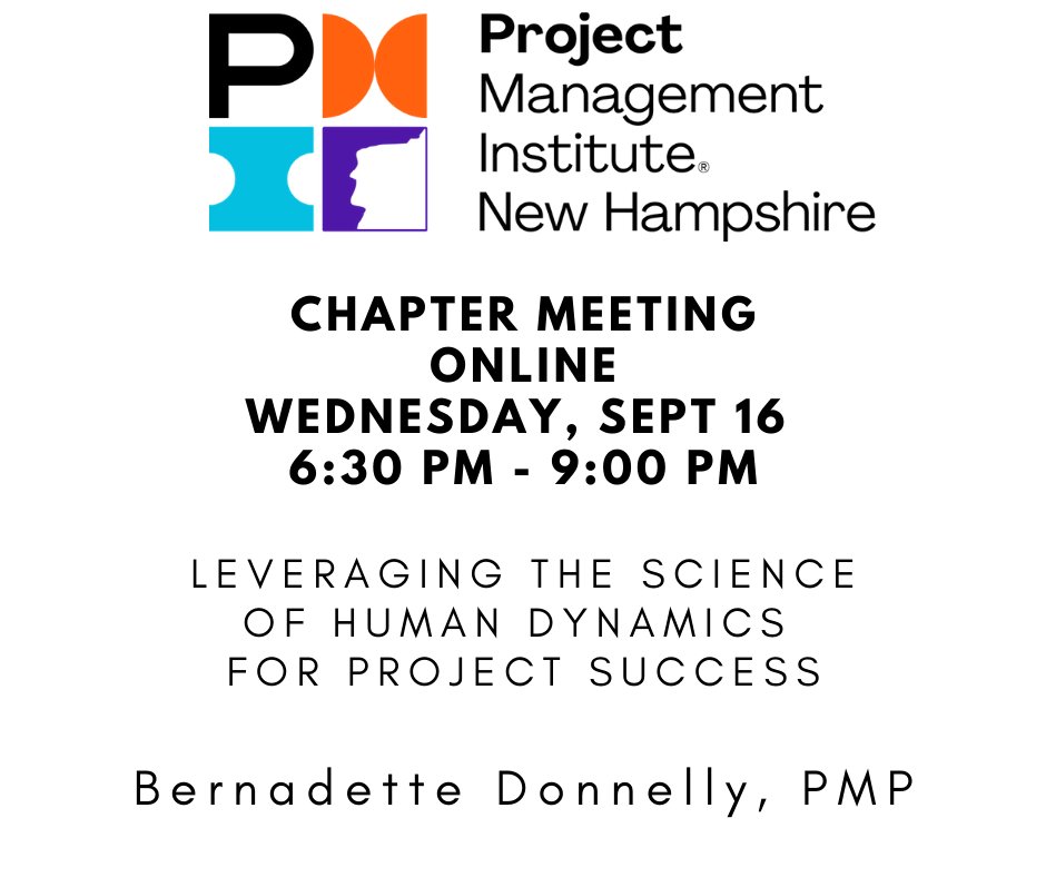 PMI-NH Chapter Meeting Wednesday Sept. 16. Register at eventbrite.com/e/leveraging-t…

Thanks to sponsors
Boston Unversity Metropolitan Campus bu.edu/met/for-employ…
and 
Granite State College
granite.edu
