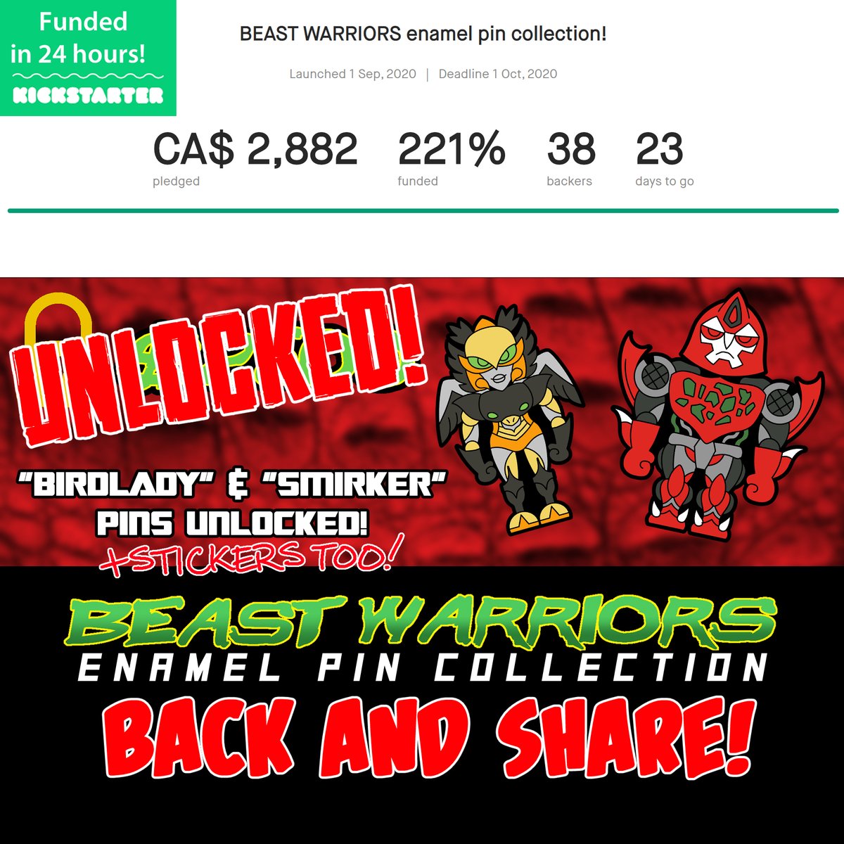 doodlebug_press's tweet photo. STRETCH GOAL #6 SMASHED! FREE STICKERS ADDED! We're less than $200 away from hitting 3k, and the next set of pins! https://t.co/lTfsWZCHsB #beastwars #transformers #transfan #autobots #decepticons #megatron #optimus #enamelpins #kickstarter #fandom #fanart #airrazor #terrorsaur https://t.co/fS14KYUjRr