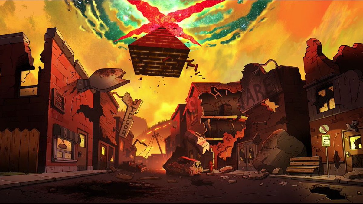 This theme is also present in many television shows. For example, in Gravity Falls, there is an apocalyptic event known as Weirdmageddon that begins after a interdimensional rift opens in the sky. Otherworldly creatures pour out and the laws of physics begin to unravel.