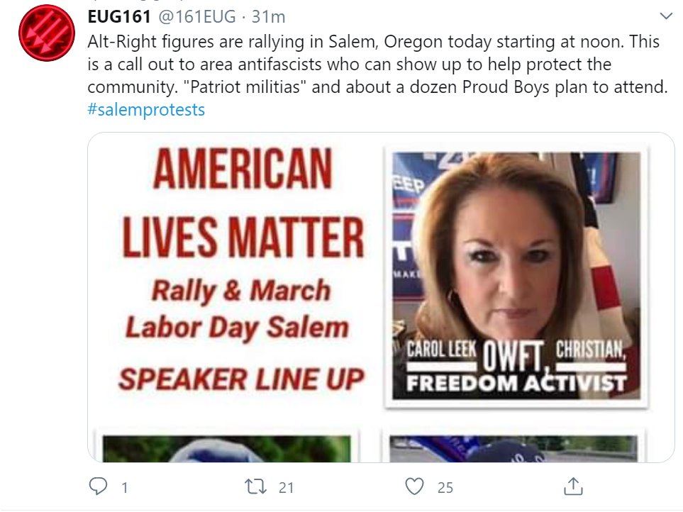 Also a conservative rally/march happening down in Salem today. 3 of 5 speakers are POC, but Eugene Antifa call it an "Alt-Right" rally (ICYMI, they call everybody alt-right. Media need to stop taking RadLeft's characterizations of others' politics at face value)