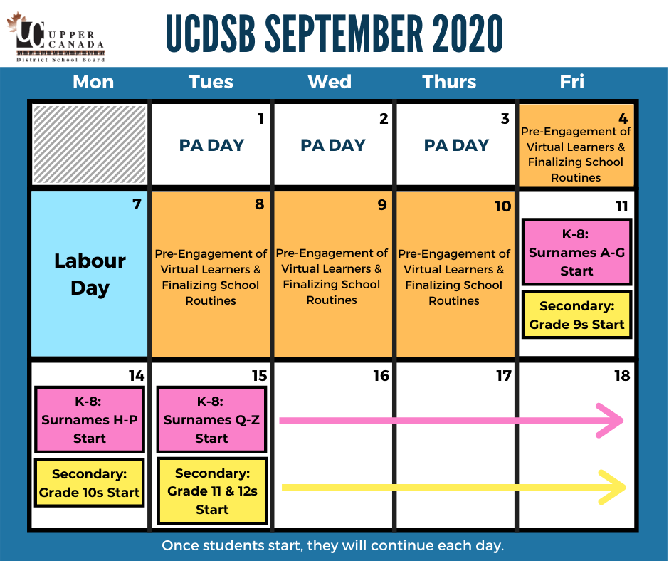 UCDSB's tweet image. REMINDER: We are welcoming students back to school this week!  See the calendar to double check your start date. Find more information on the #UCDSB Return to School plan here: bit.ly/30U4BdI.