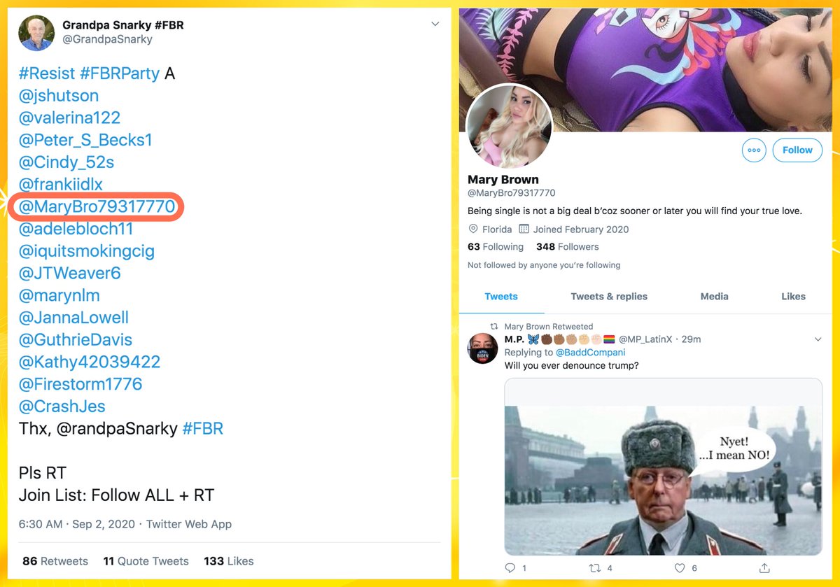 Similarly,  @MaryBro79317770 appears at first glance to be a resistance account based on its retweets, but if you scroll back far enough, you'll find it retweeting  @realDonaldTrump and  @MrAndyNgo, and even proclaiming Trump to be the best president the US has had to date.