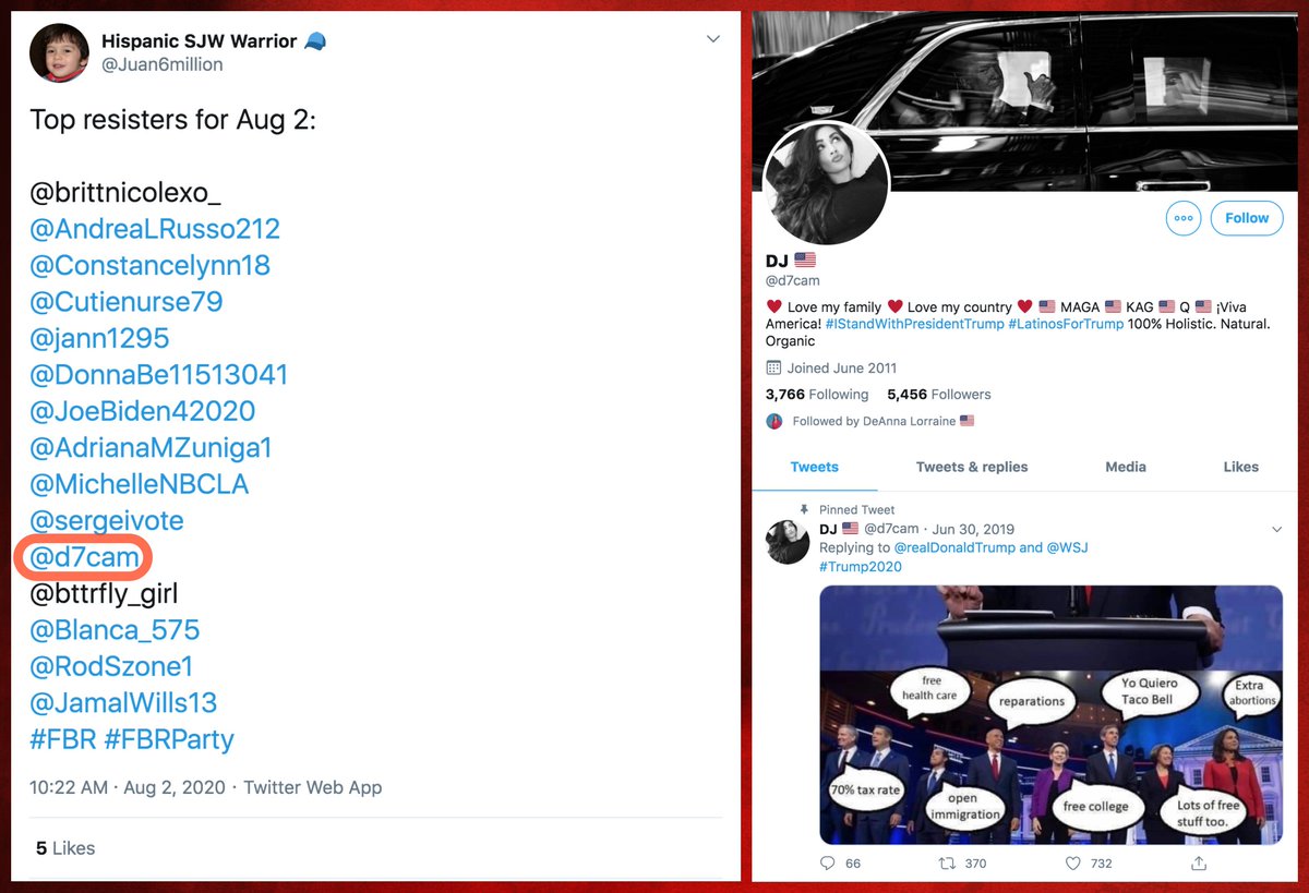 We also found some accounts on  #FBR lists that don't appear to even be pretending to oppose Trump. Some examples are  @d7cam,  @Rufusthedog66, and  @1_just_a_nobody.  @Juan6million, the account that made the list containing  @d7cam, is one we've seen before. https://twitter.com/conspirator0/status/1292137513935679488