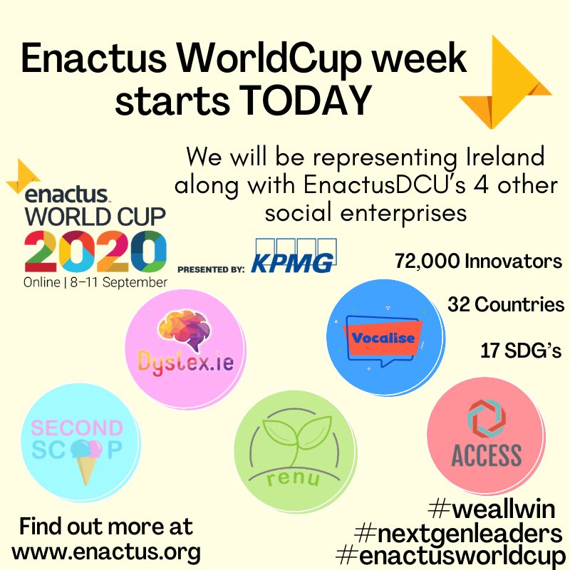 ReNuIreland's tweet photo. We are honoured to be representing Ireland at this first ever virtual #EnactusWorldCup 🏆

We will compete with EnactusDCU’s 4 other social enterprises @Dyslex_ie @Vocalise @scoop_second &amp; Access 

Check out https://t.co/dWYEZz9CPP to come along the adventure with us!#weallwin https://t.co/Uj4b3OhiAa