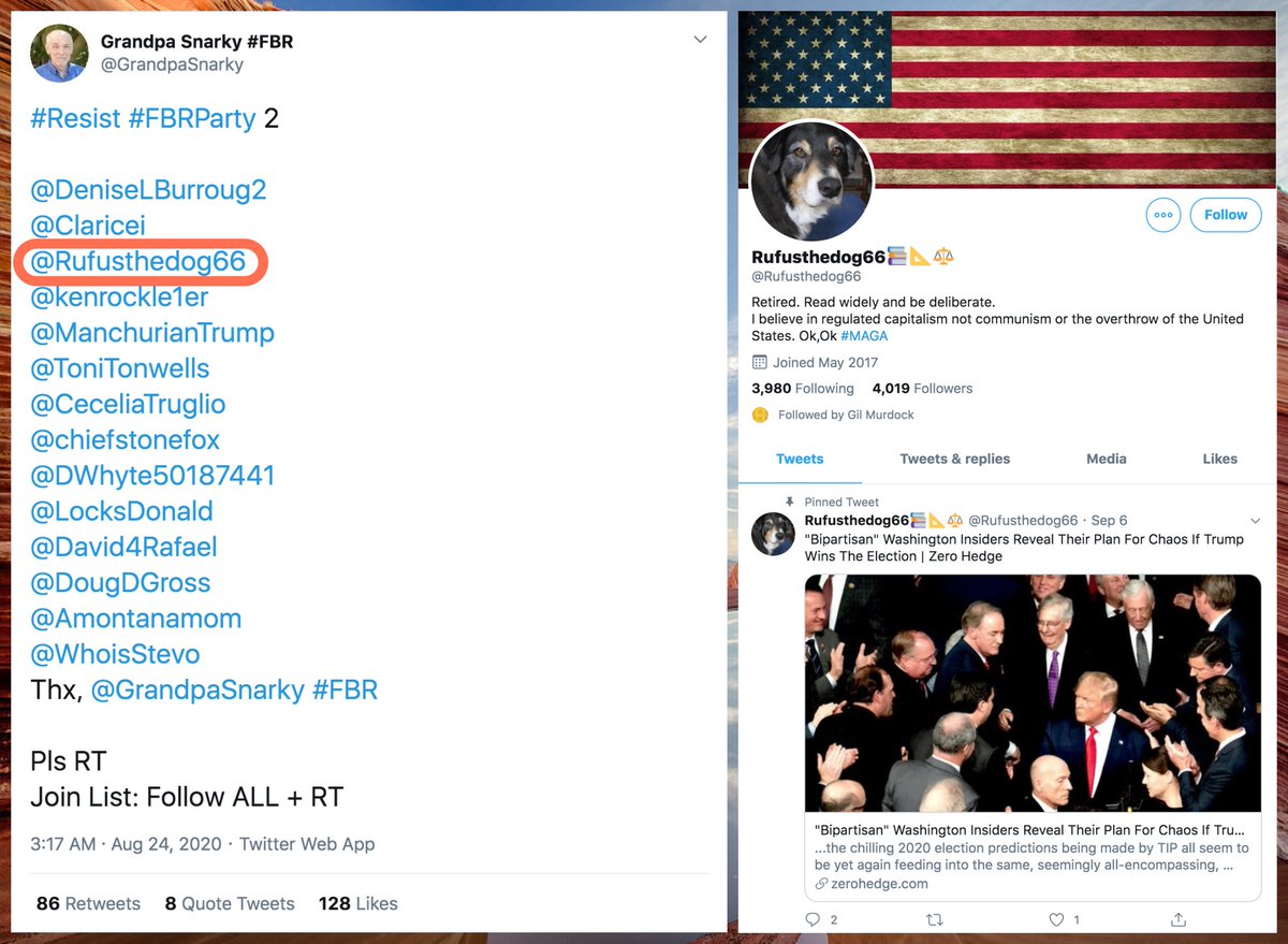 We also found some accounts on  #FBR lists that don't appear to even be pretending to oppose Trump. Some examples are  @d7cam,  @Rufusthedog66, and  @1_just_a_nobody.  @Juan6million, the account that made the list containing  @d7cam, is one we've seen before. https://twitter.com/conspirator0/status/1292137513935679488