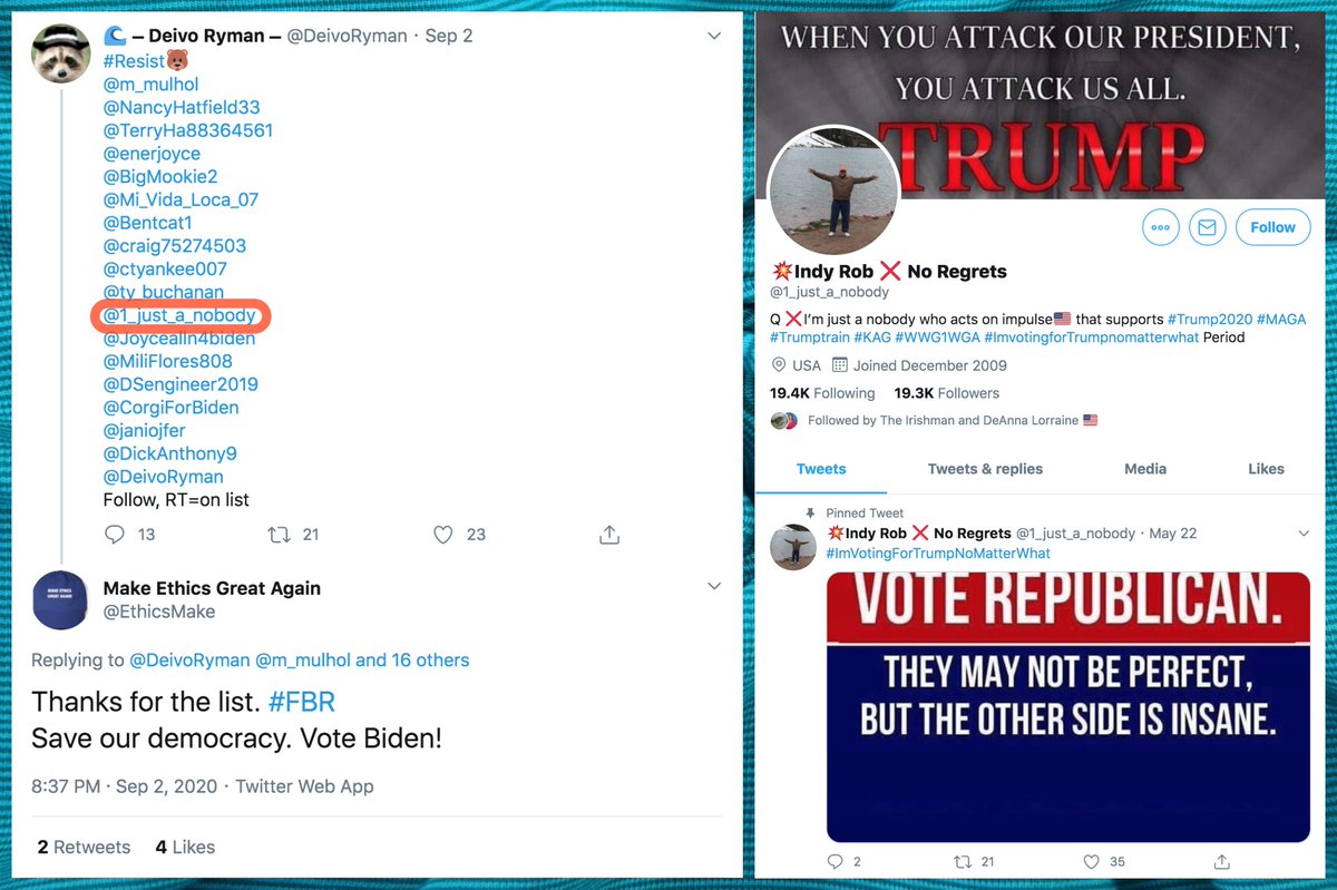 We also found some accounts on  #FBR lists that don't appear to even be pretending to oppose Trump. Some examples are  @d7cam,  @Rufusthedog66, and  @1_just_a_nobody.  @Juan6million, the account that made the list containing  @d7cam, is one we've seen before. https://twitter.com/conspirator0/status/1292137513935679488