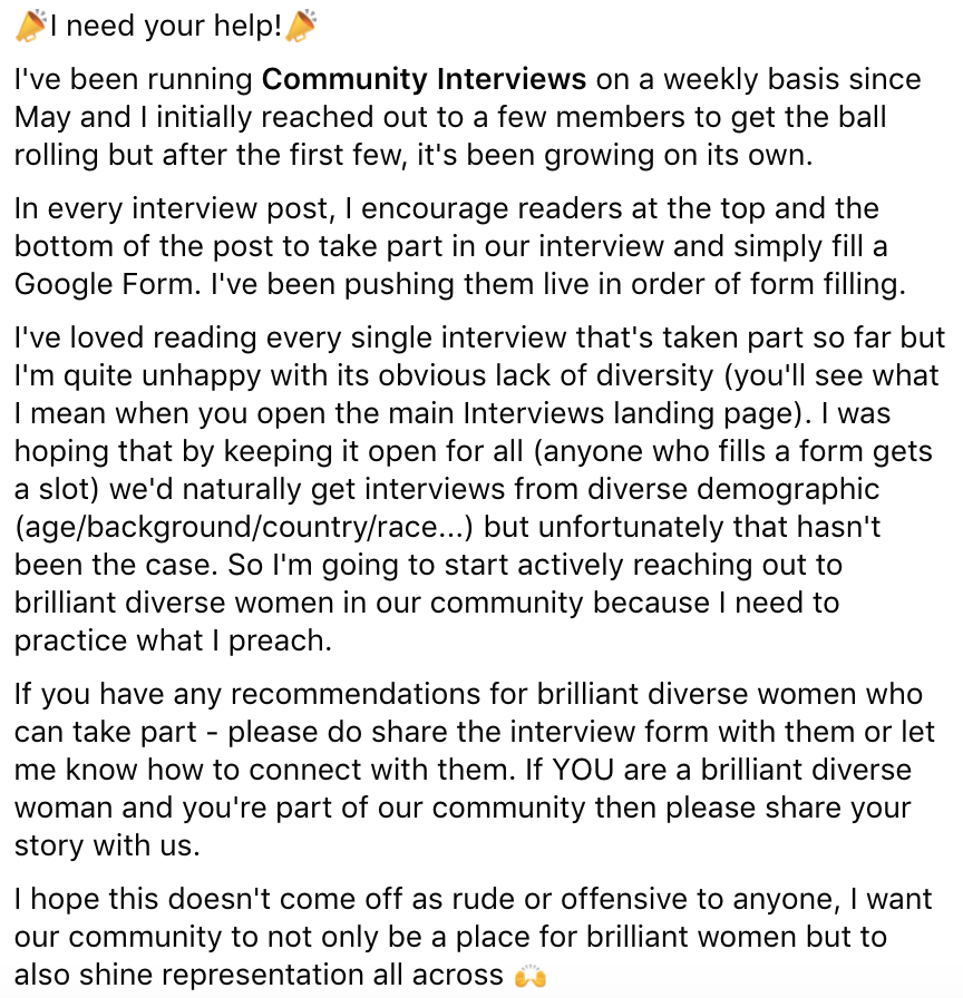 I need help in diversifying #WTSInterview! I shared this message a few weeks ago with the <a href="/techseowomen/">Women in Tech SEO</a> groups and I actively reached out directly to diverse women in the industry but it's still not enough so I am publicly asking for help! 🙏🏽
womenintechseo.com/interviews/