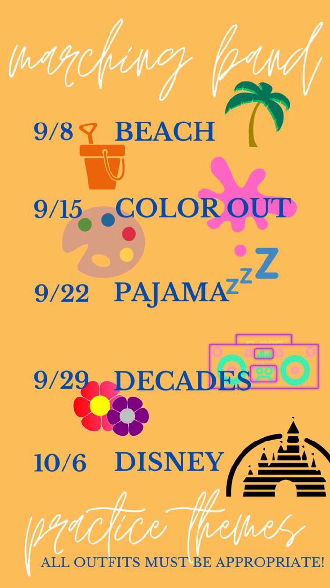 BMHSBand's tweet photo. Attention Titan marching band! We will be having themes for the upcoming practices! Hope to see you all dressed up😁🧡💙 https://t.co/Uo4zmVOjzU