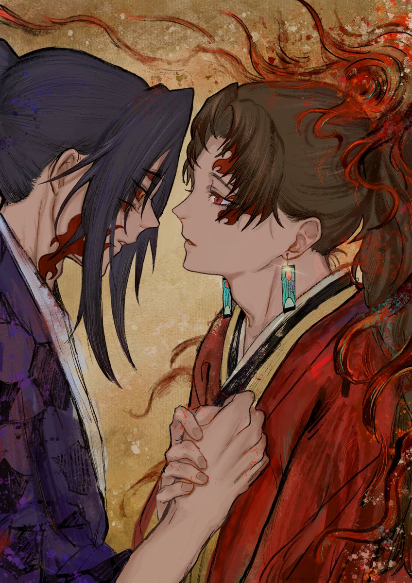 jewelry earrings red eyes japanese clothes long hair multiple boys looking at another  illustration images
