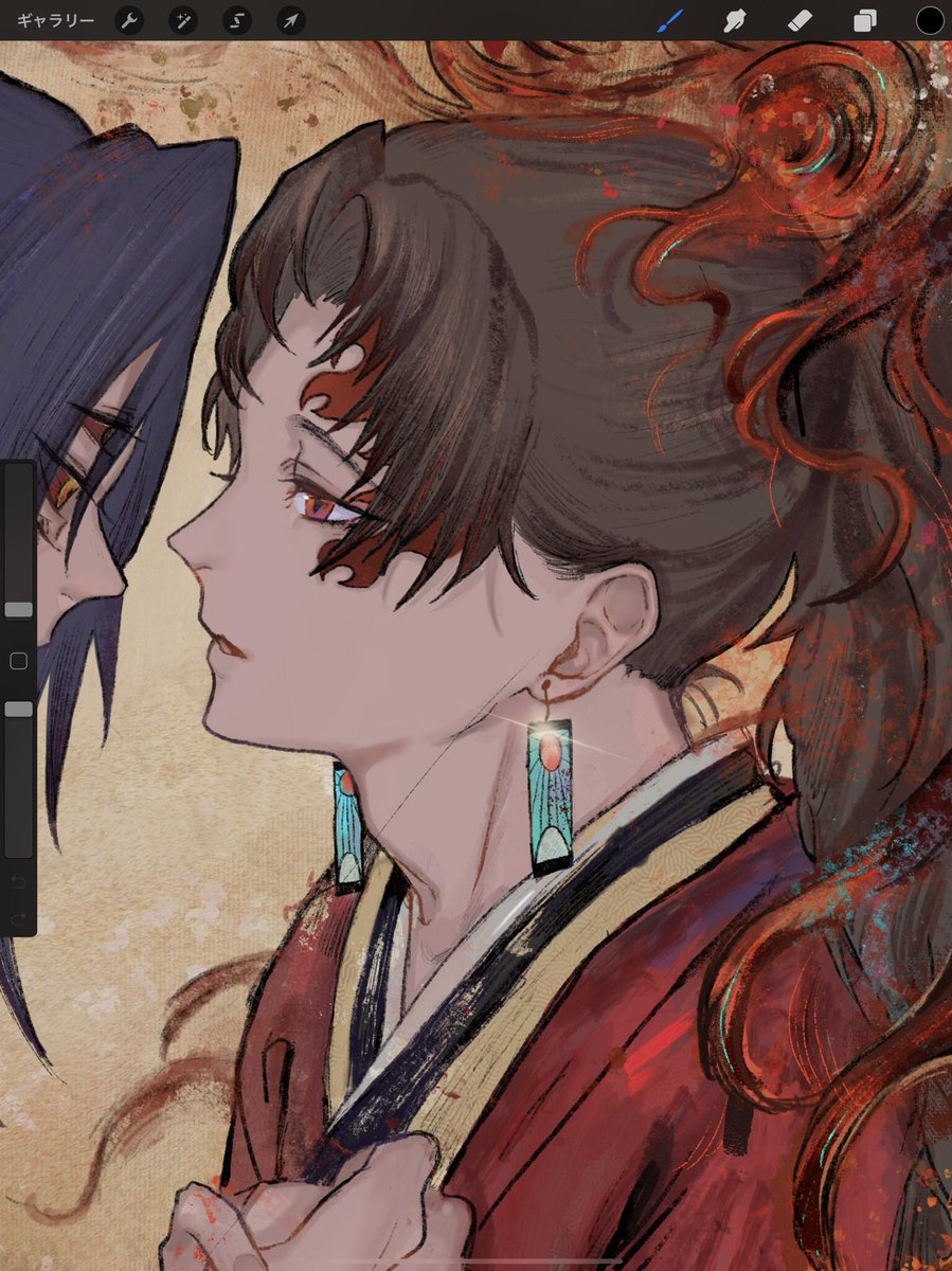 jewelry earrings red eyes japanese clothes long hair multiple boys looking at another  illustration images