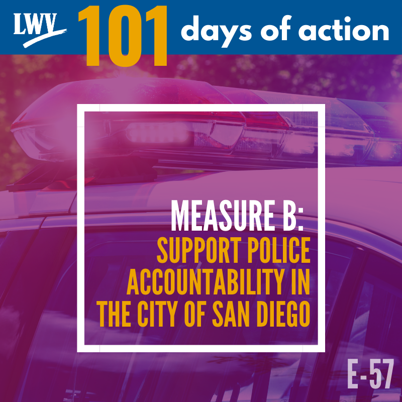 LWVSD's tweet photo. LWVSD supports #MeasureB for #CityofSanDiego. It'll create a new independent #CommissiononPolicePractices &amp; promote #policeaccountability in #SanDiego. Learn how to support passage w/ @midcitycan Youth Council on 9/9 @ 5PM. Register: https://t.co/P0iMkVi7JK #101DaysofLWVAction https://t.co/PGHheC2e9r