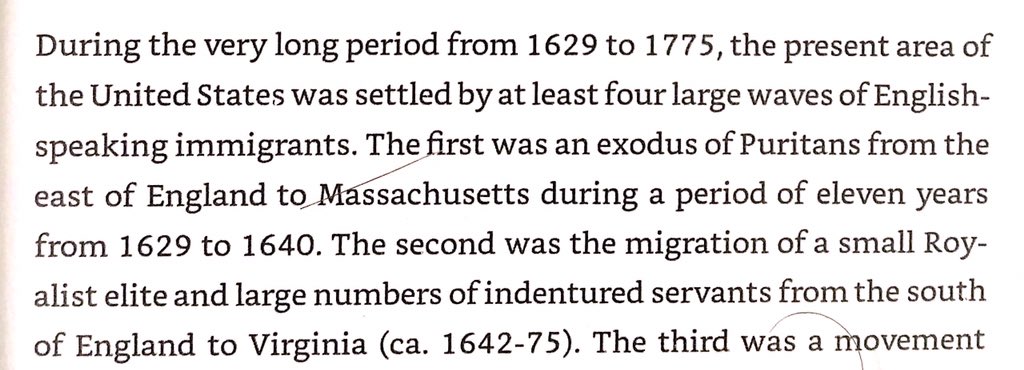 The four major waves of settlers before War of Independence: Puritans from E England to MA, Royalist noblemen with indentured servants to VA, Midlanders & Welshmen to Delaware River Valley, & the Ulstermen & Northern English who went to Appalachia.